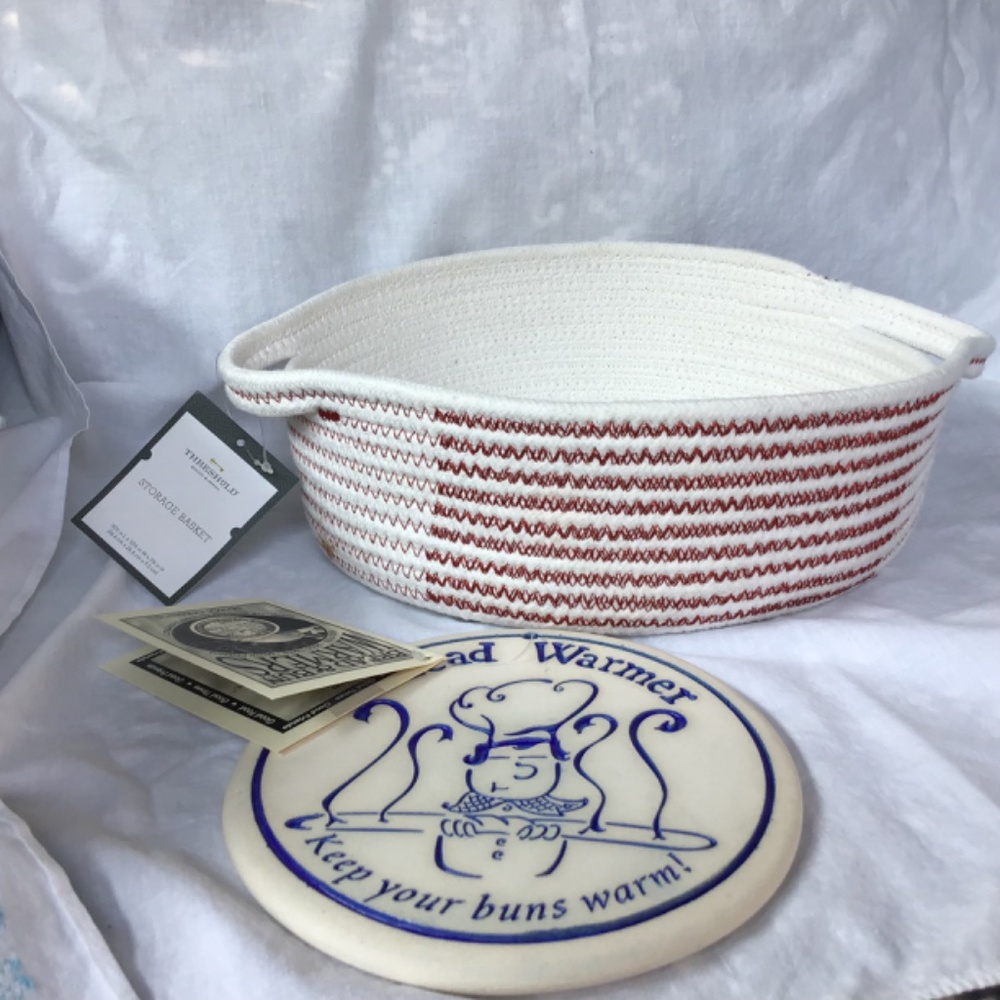 Ceramic Bread & Bun Warmer & Woven Basket New